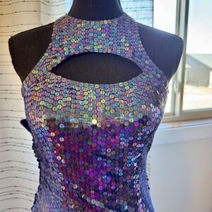 1017 Size 4 Adrianna Papell sequin column gown purple high neck back slit formal